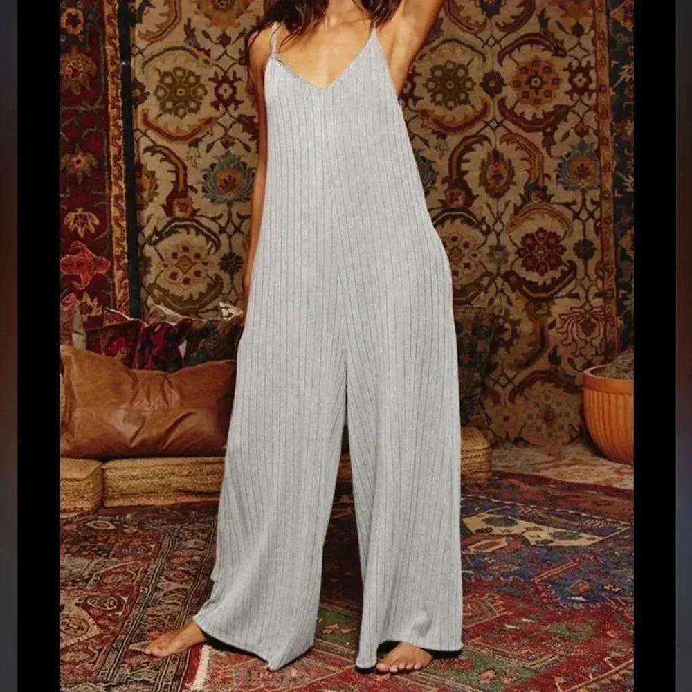 Mina Lisa Women’s Gray Ribbed Tank Knit Jumpsuit Medium